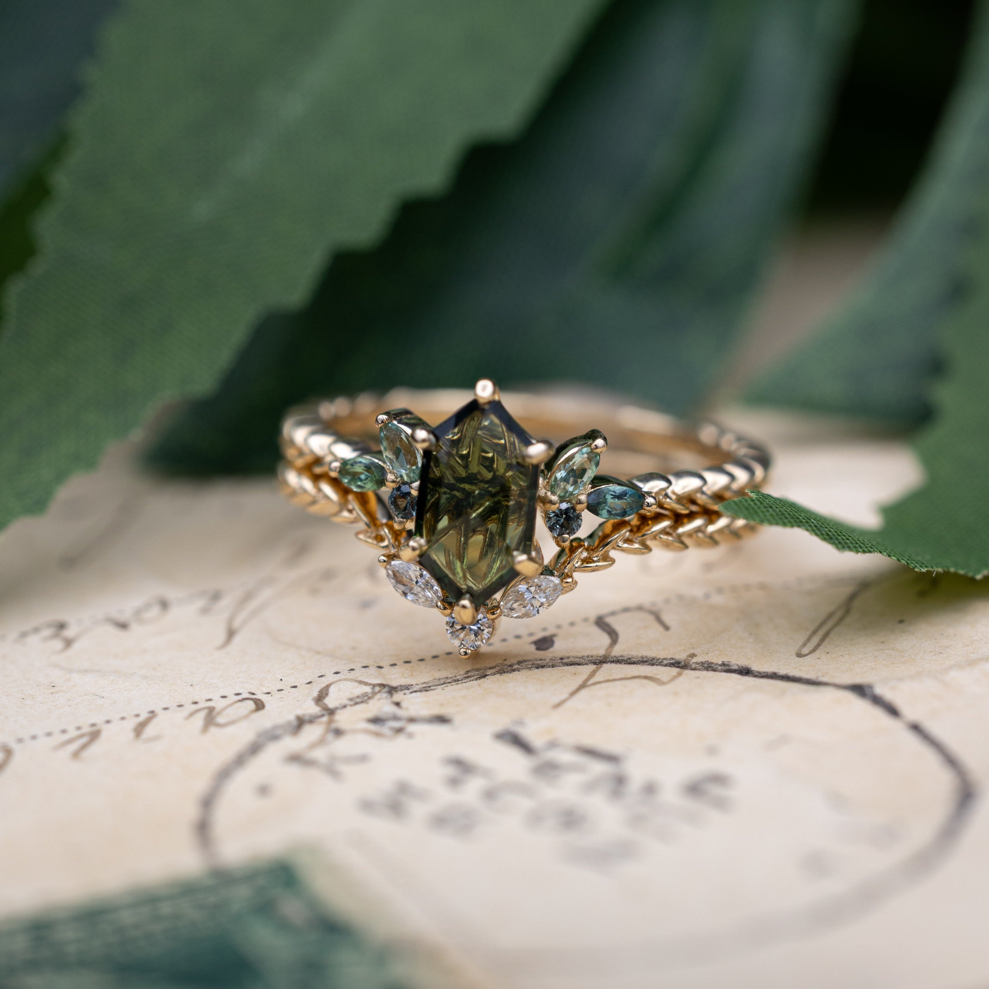 "Laurel" - Vine-Inspired Engagement Ring Featuring Teal Tourmaline & Montana Sapphire Accents With A Tracer - Select Your Own Stone-Staghead Designs