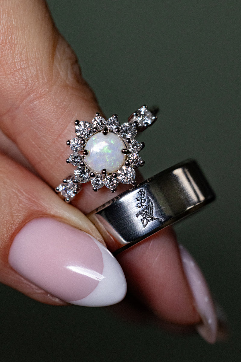 "STARLET" - ROUND CUT WHITE OPAL ENGAGEMENT RING WITH STARBURST DIAMOND HALO-7