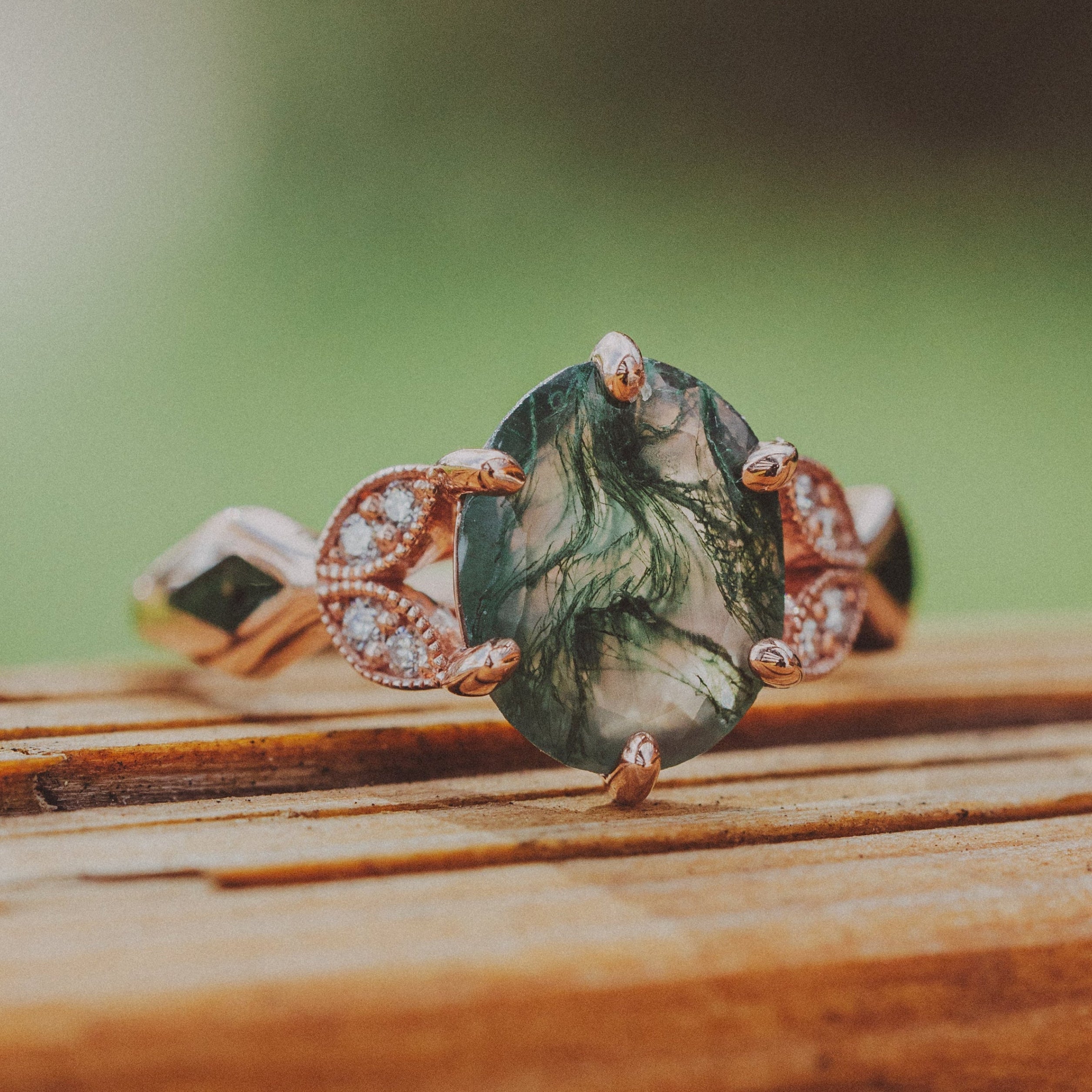 "LUCIA" - OVAL MOSS AGATE ENGAGEMENT RING WITH DIAMOND ACCENTS & MOSS INLAYS-8