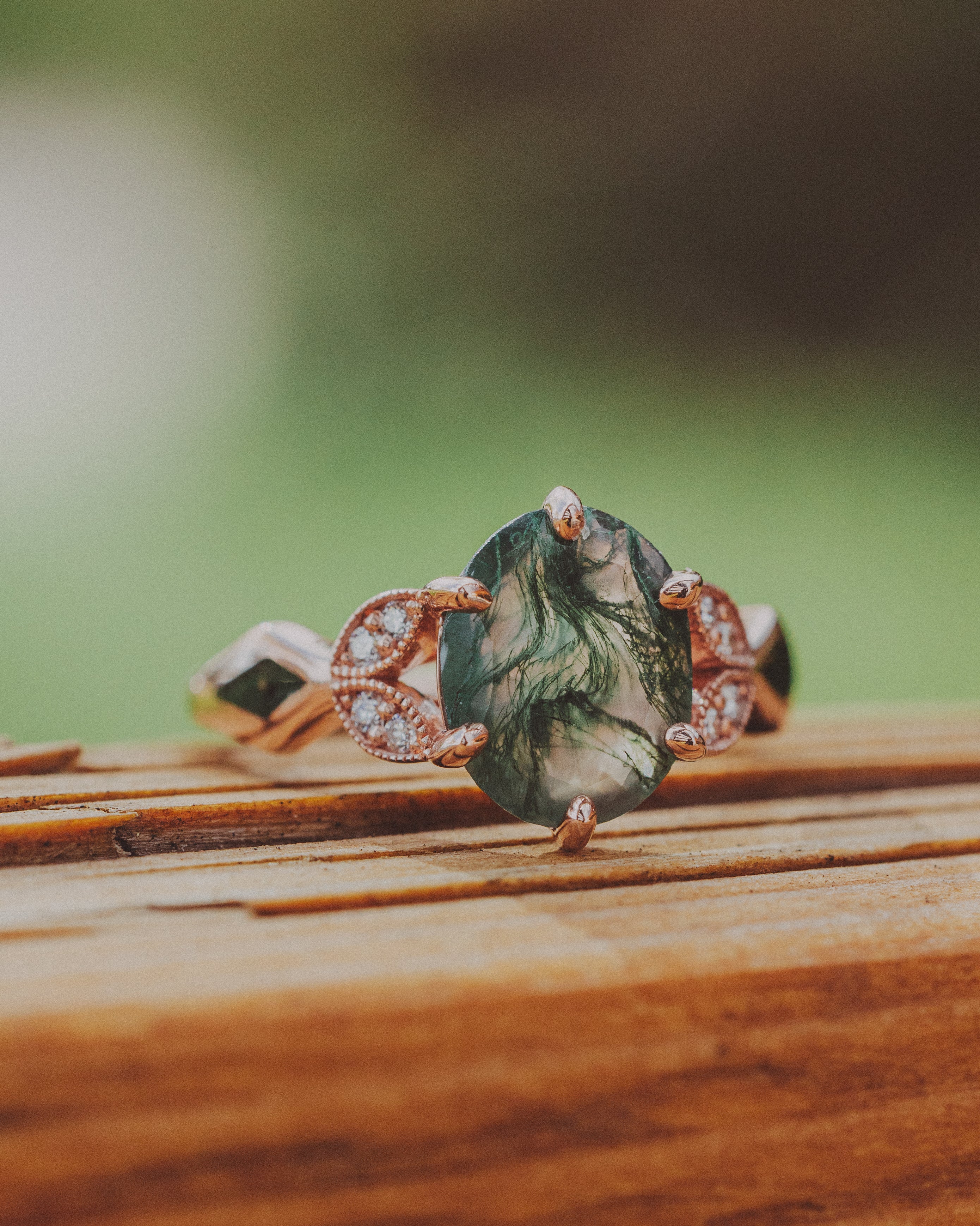 "LUCIA" - OVAL MOSS AGATE ENGAGEMENT RING WITH DIAMOND ACCENTS & MOSS INLAYS-8