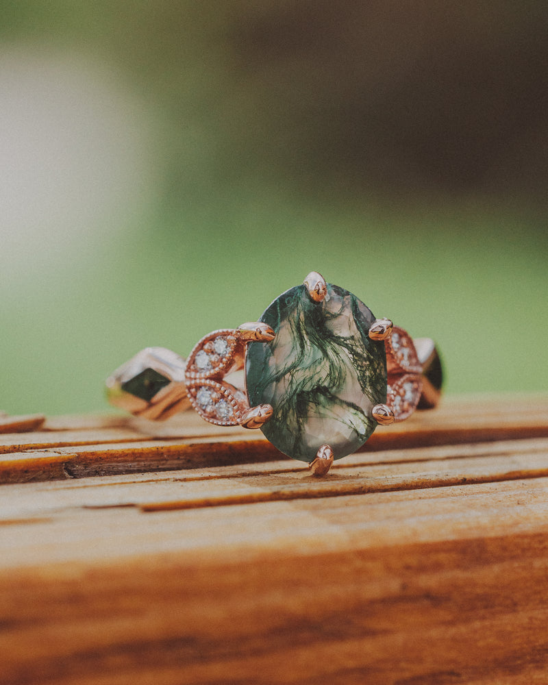 "LUCIA" - OVAL MOSS AGATE ENGAGEMENT RING WITH DIAMOND ACCENTS & MOSS INLAYS-8