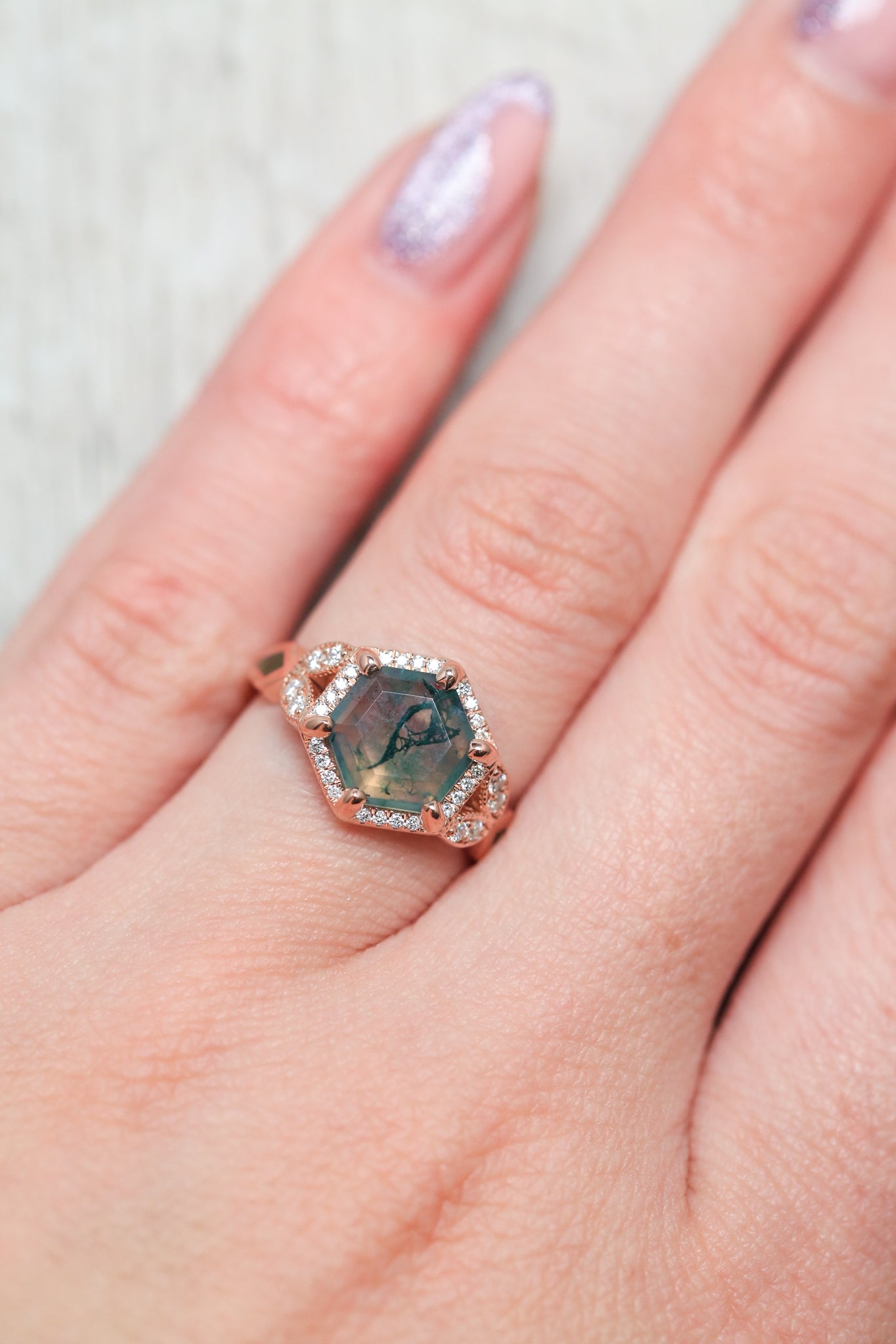 "LUCY IN THE SKY" - HEXAGON MOSS AGATE ENGAGEMENT RING WITH DIAMOND HALO, MOSS INLAYS & THE "RAYA" RING GUARD-36