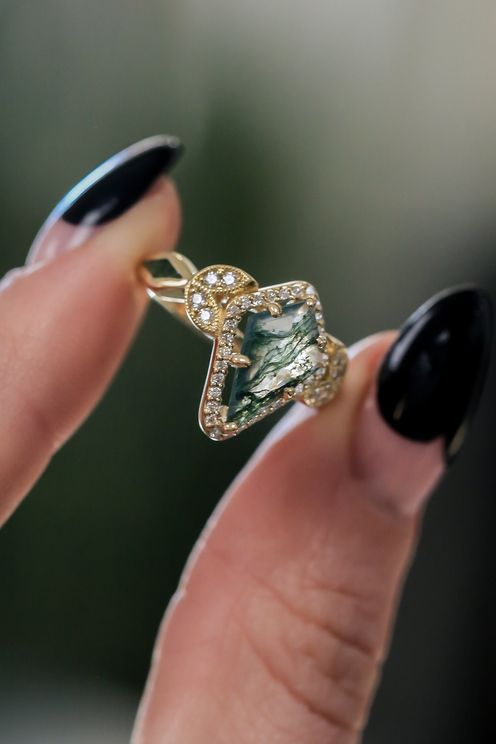 "LUCY IN THE SKY" - KITE CUT MOSS AGATE ENGAGEMENT RING WITH DIAMOND HALO & MOSS INLAYS-8