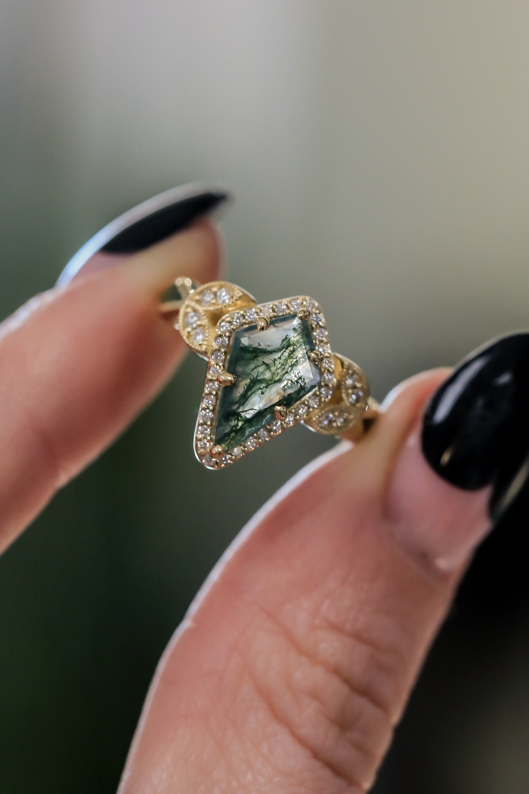 "LUCY IN THE SKY" - KITE CUT MOSS AGATE ENGAGEMENT RING WITH DIAMOND HALO & MOSS INLAYS-7