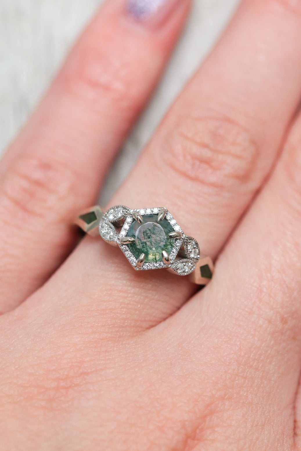 "LUCY IN THE SKY" PETITE - ROUND MOSS AGATE ENGAGEMENT RING WITH DIAMOND HALO, MOSS INLAYS AND DIAMOND TRACER-31