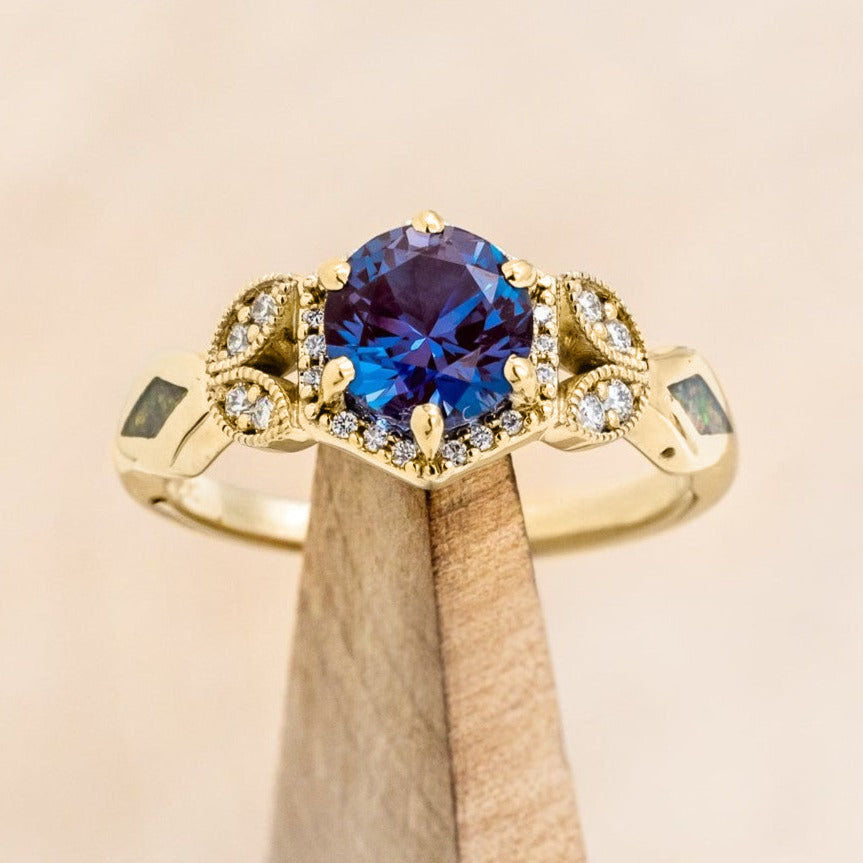 "LUCY IN THE SKY" PETITE - ROUND CUT ENGAGEMENT RING WITH DIAMOND ACCENTS AND FIRE & ICE OPAL INLAYS-Staghead Designs