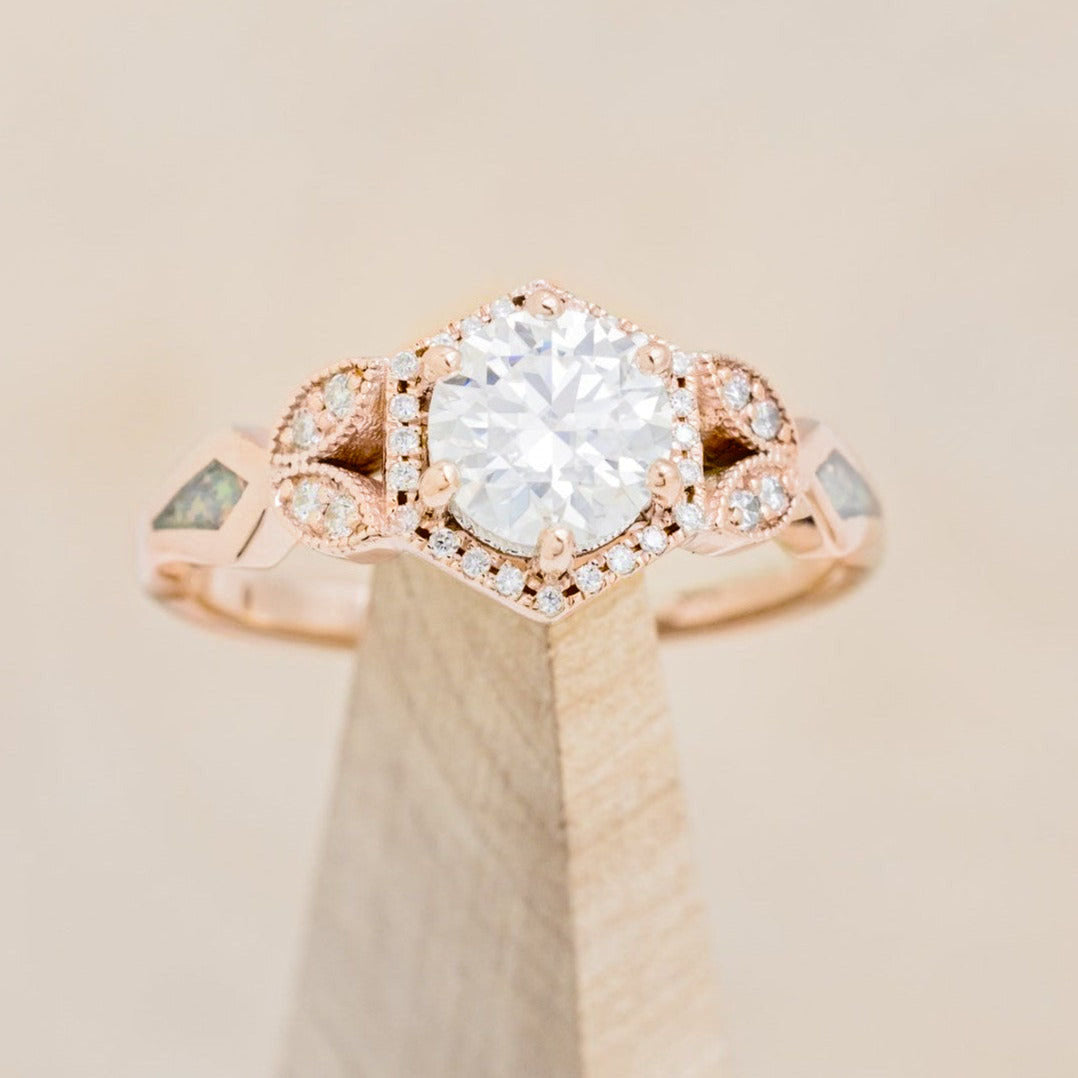 "LUCY IN THE SKY" PETITE - ROUND CUT ENGAGEMENT RING WITH DIAMOND ACCENTS AND FIRE & ICE OPAL INLAYS-Staghead Designs