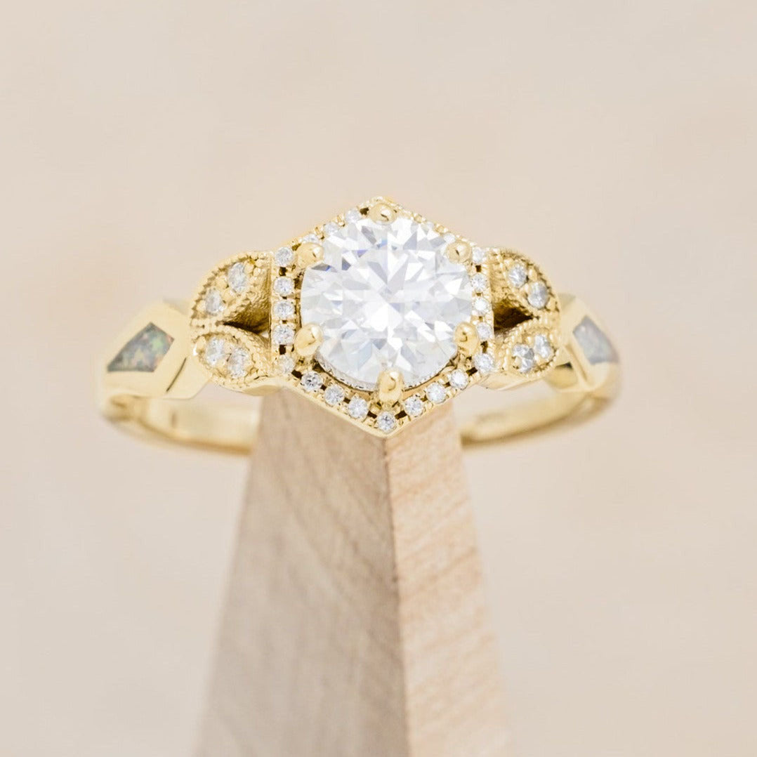 "LUCY IN THE SKY" PETITE - ROUND CUT ENGAGEMENT RING WITH DIAMOND ACCENTS AND FIRE & ICE OPAL INLAYS-Staghead Designs