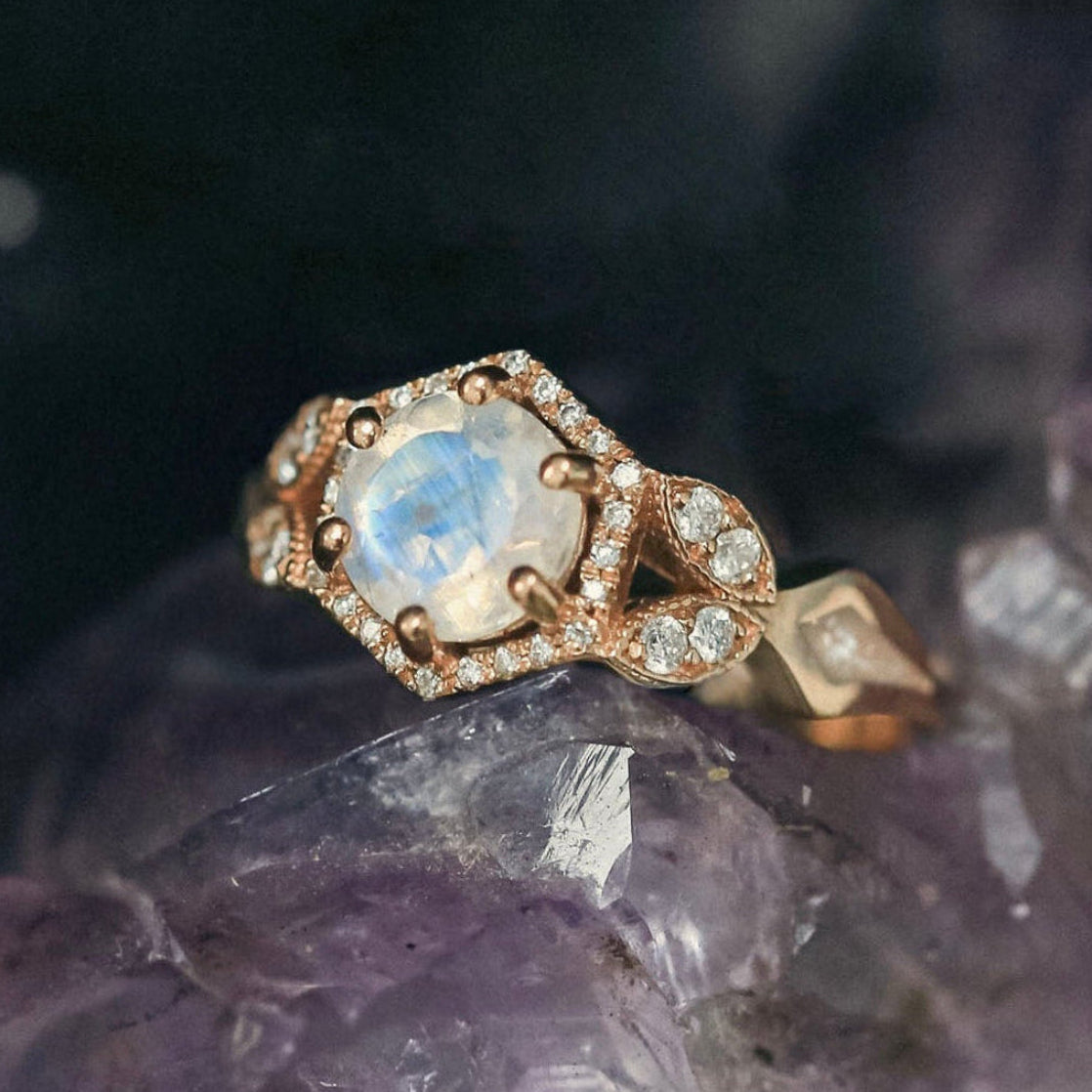 "Lucy In The Sky" Petite - Round Cut Moonstone Engagement Ring With Diamond Accents & Diamond Dust Inlays-Staghead Designs