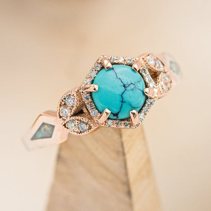 "LUCY IN THE SKY" PETITE - ROUND CUT ENGAGEMENT RING WITH DIAMOND ACCENTS AND FIRE & ICE OPAL INLAYS-Staghead Designs