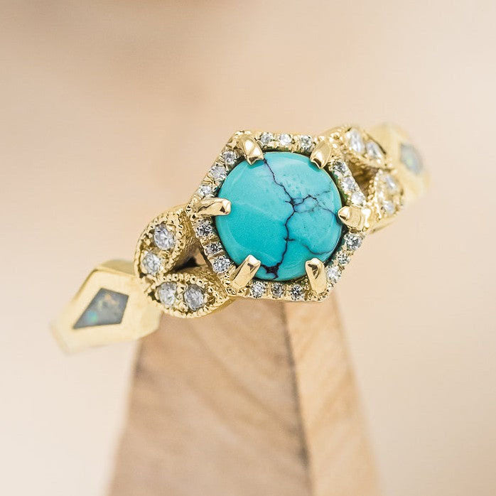 "LUCY IN THE SKY" PETITE - ROUND CUT ENGAGEMENT RING WITH DIAMOND ACCENTS AND FIRE & ICE OPAL INLAYS-Staghead Designs