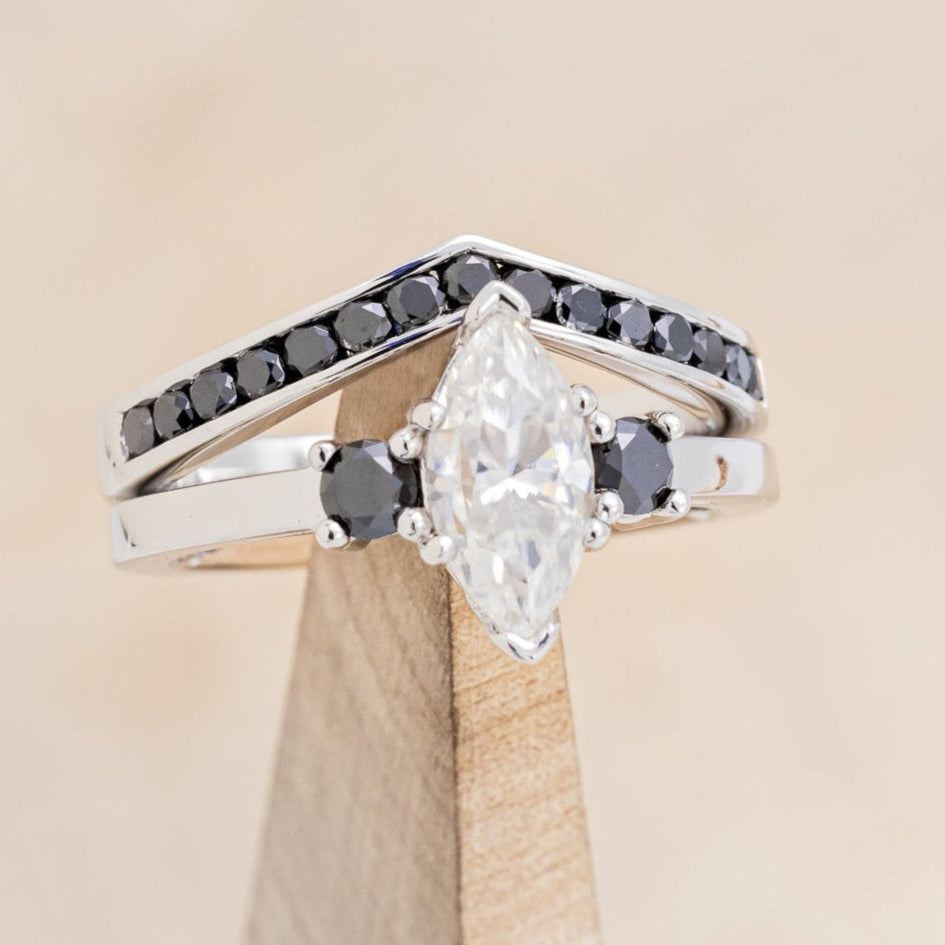 MARQUISE CUT MOISSANITE ENGAGEMENT RING WITH BLACK DIAMOND ACCENTS & "CARA" TRACER-1