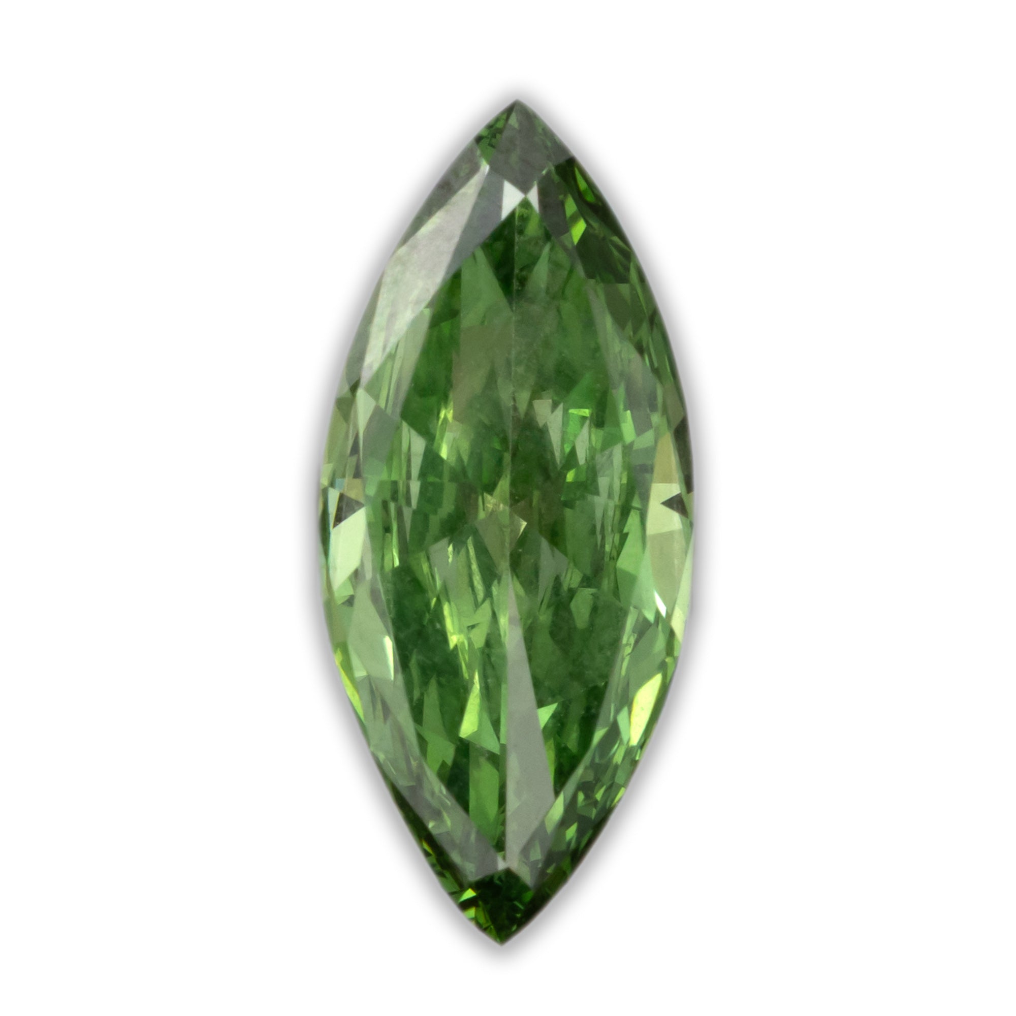 Marquise cut green lab diamond on a white background