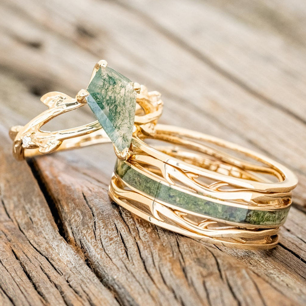 MATCHING SET OF "ARTEMIS ON THE VINE" MOSS AGATE & MEN'S "ARTEMIS" MOSS INLAY WEDDING RINGS-1