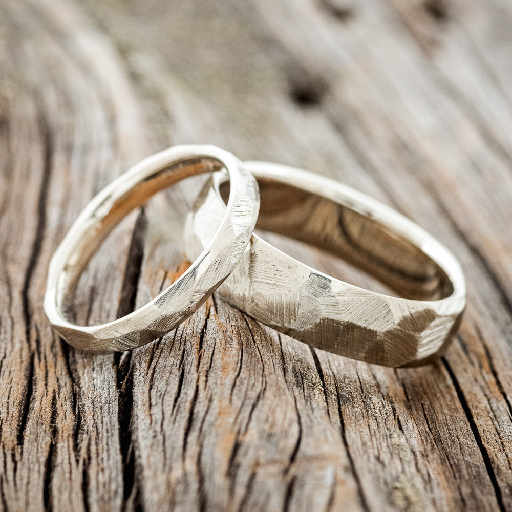 MATCHING SET OF FACETED WEDDING RINGS FEATURING TEXTURED 14K GOLD BANDS-1