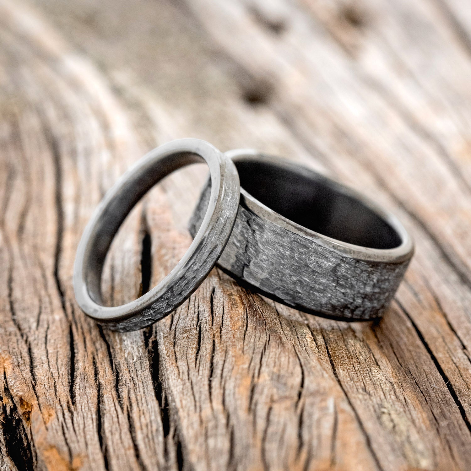 MATCHING SET OF HAMMERED BLACK ZIRCONIUM WEDDING BANDS-1