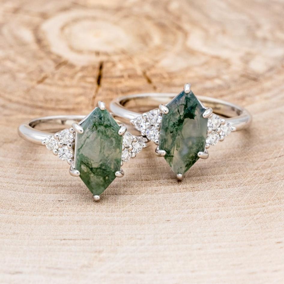MATCHING SET OF "OCTAVIA" MOSS AGATE ENGAGEMENT RINGS-1