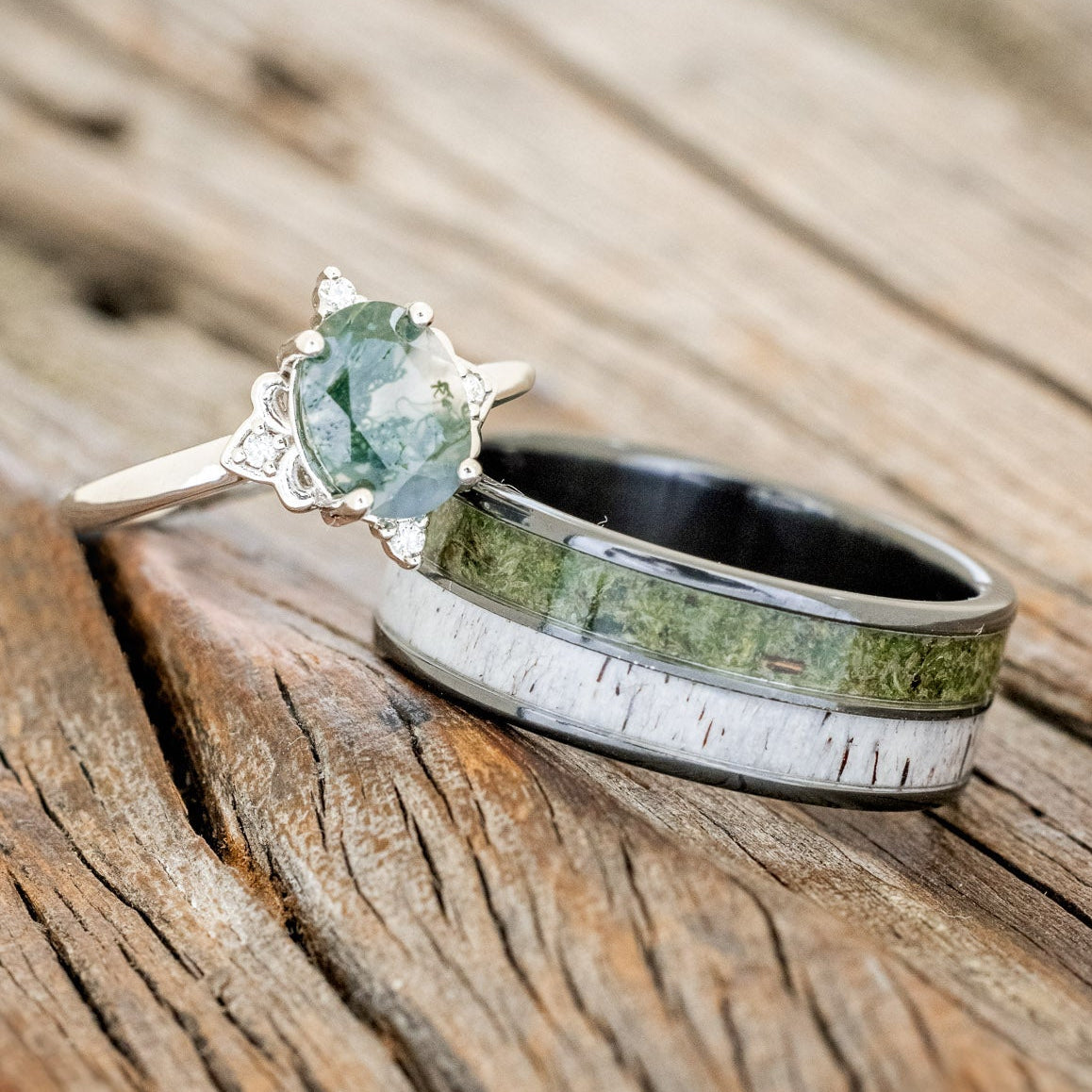 MATCHING SET OF "ZELLA" MOSS AGATE & "DYAD" MOSS & ANTLER INLAY WEDDING RINGS-1