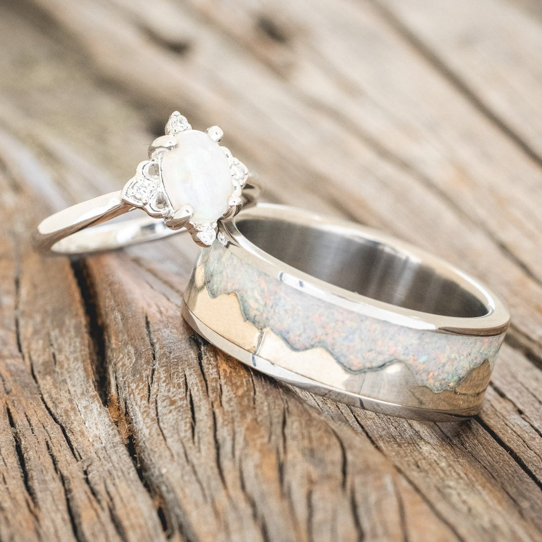 MATCHING SET OF "ZELLA" OPAL & "HELIOS" FIRE & ICE OPAL INLAY WEDDING RINGS-1