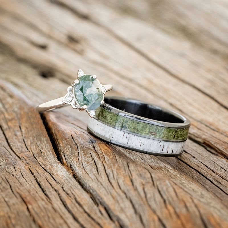 MATCHING SET OF "ZELLA" MOSS AGATE & "DYAD" MOSS & ANTLER INLAY WEDDING RINGS-1