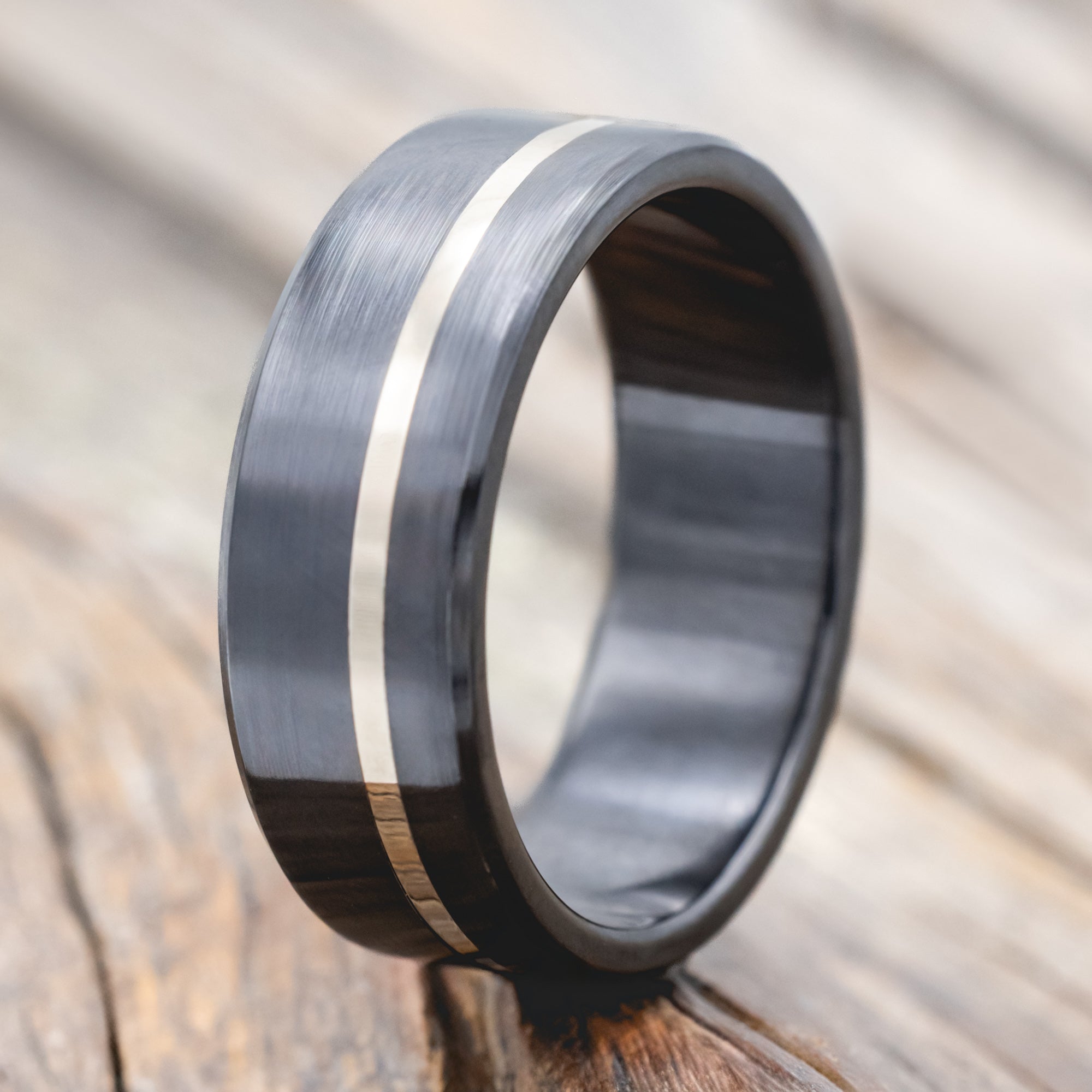 "VERTIGO" - 14K WHITE GOLD INLAY WEDDING RING FEATURING A BRUSHED FINISH - BLACK ZIRCONIUM - SIZE 10 1/2-Staghead Designs