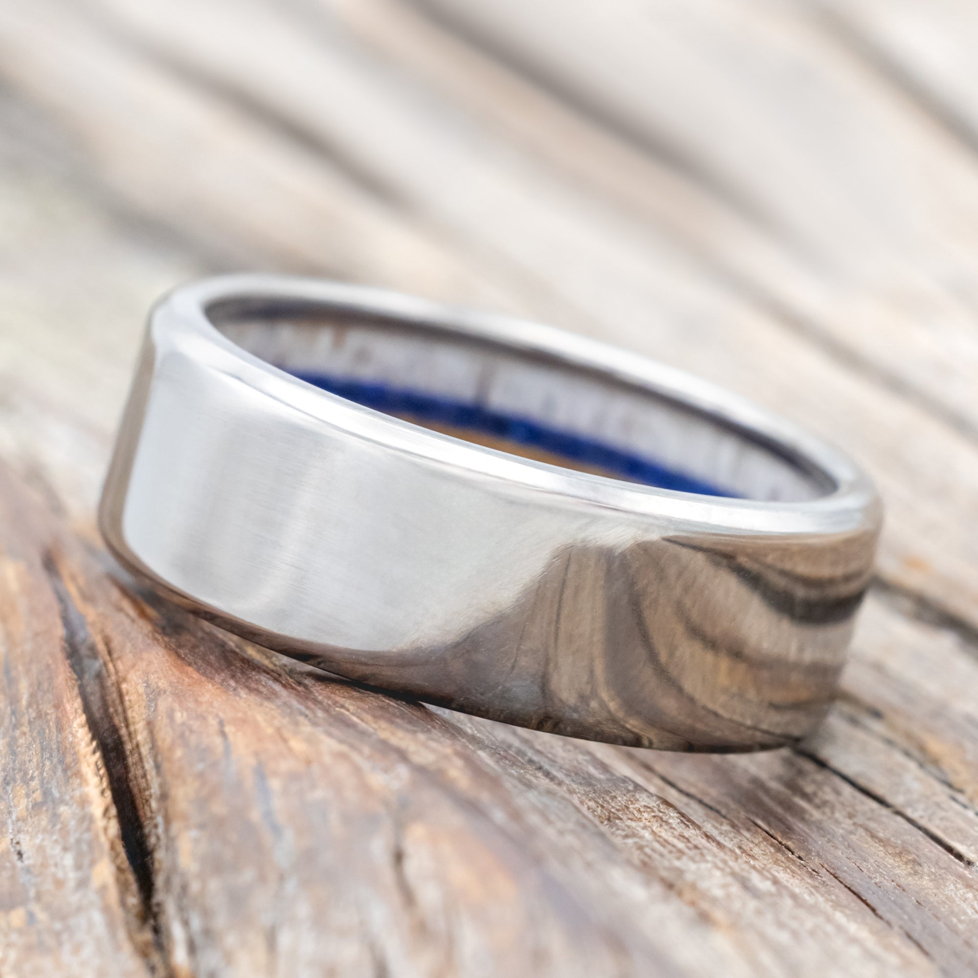 "ARGOS" - WHISKEY BARREL OAK, LAPIS LAZULI, AND ANTLER LINED WEDDING BAND - TITANIUM - SIZE 11-Staghead Designs