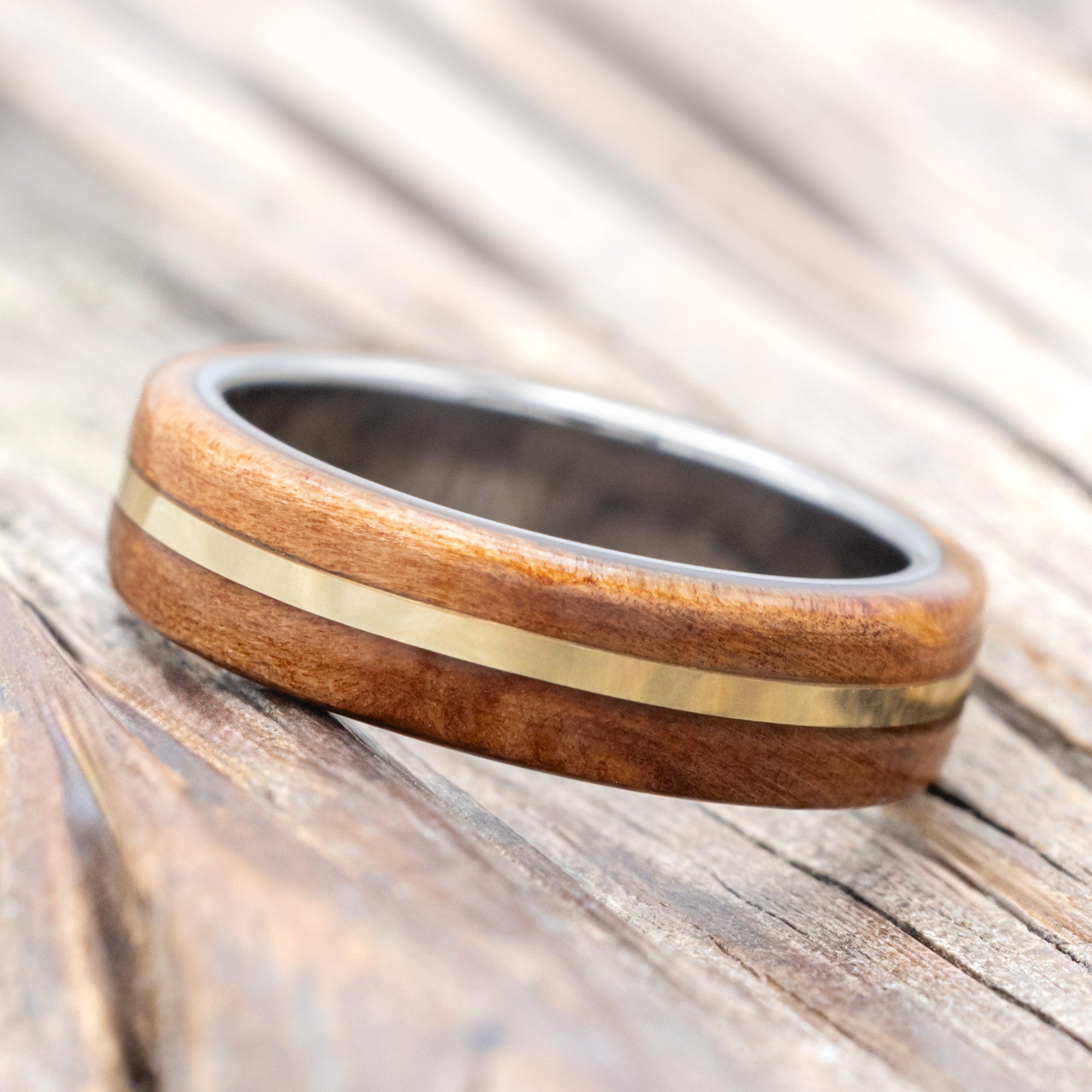 "GOLDEN" - REDWOOD & 14K GOLD INLAY WEDDING BAND-Staghead Designs