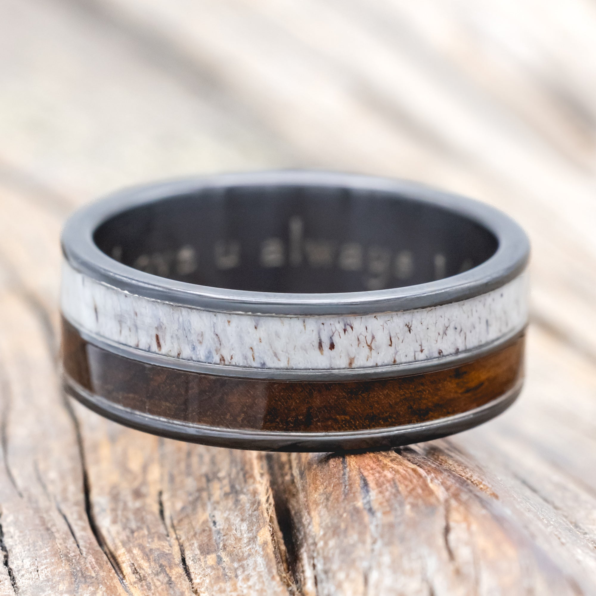 "DYAD" - IRONWOOD & ANTLER WEDDING BAND - BLACK ZIRCONIUM - SIZE 10 1/2-Staghead Designs