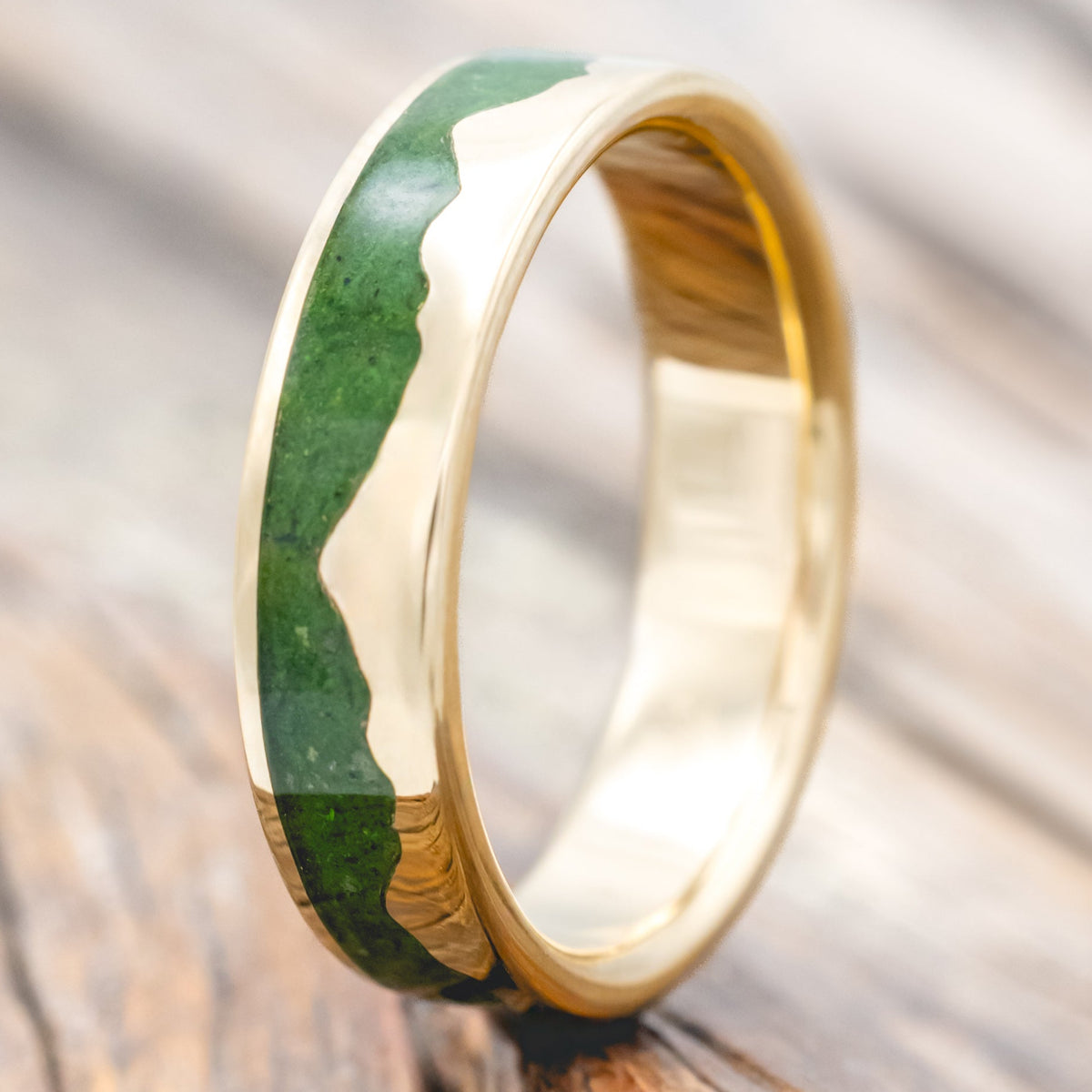 "HELIOS" - MOSS & 14K GOLD MOUNTAIN RANGE WEDDING BAND-Staghead Designs