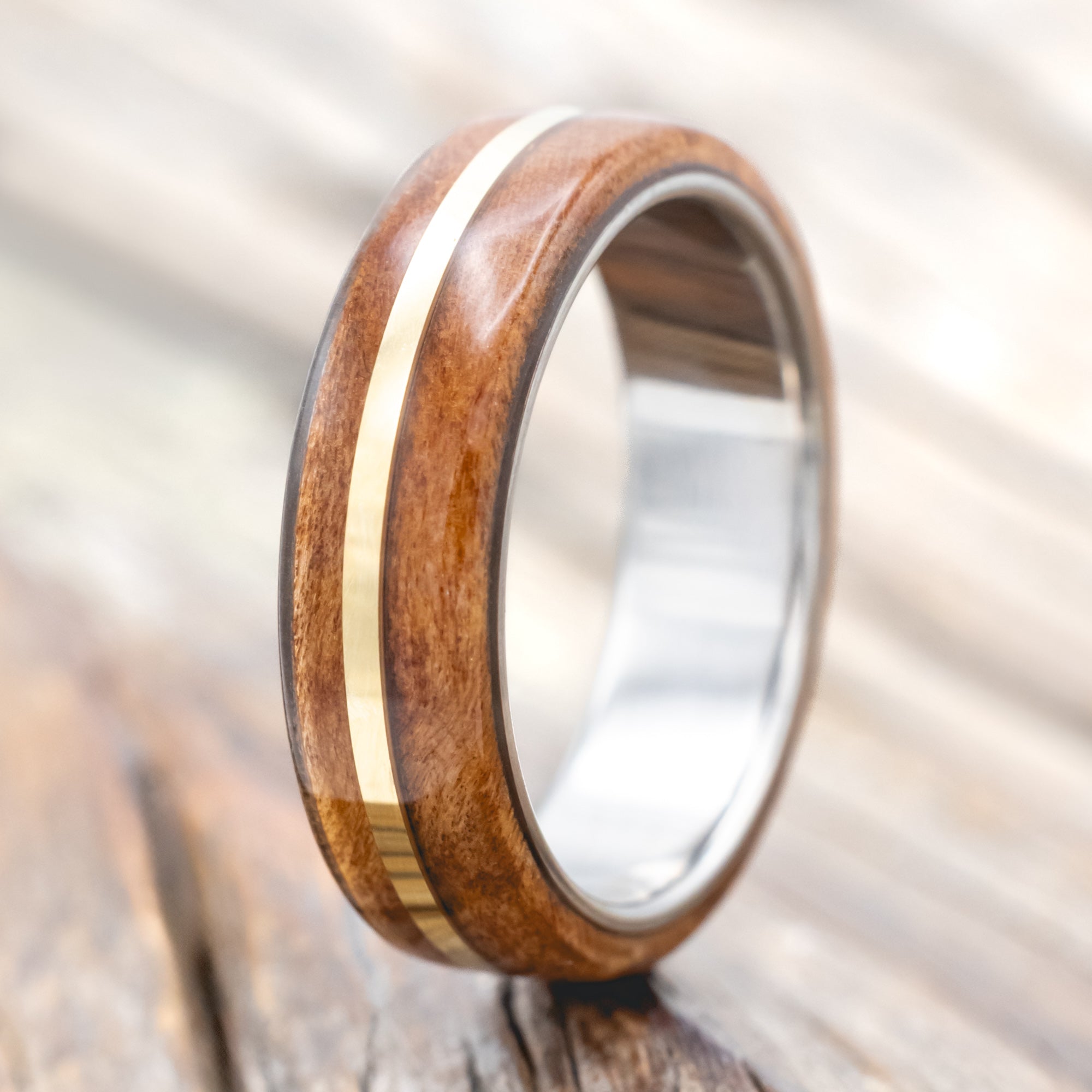 "GOLDEN" - REDWOOD & 14K GOLD INLAY WEDDING BAND-Staghead Designs