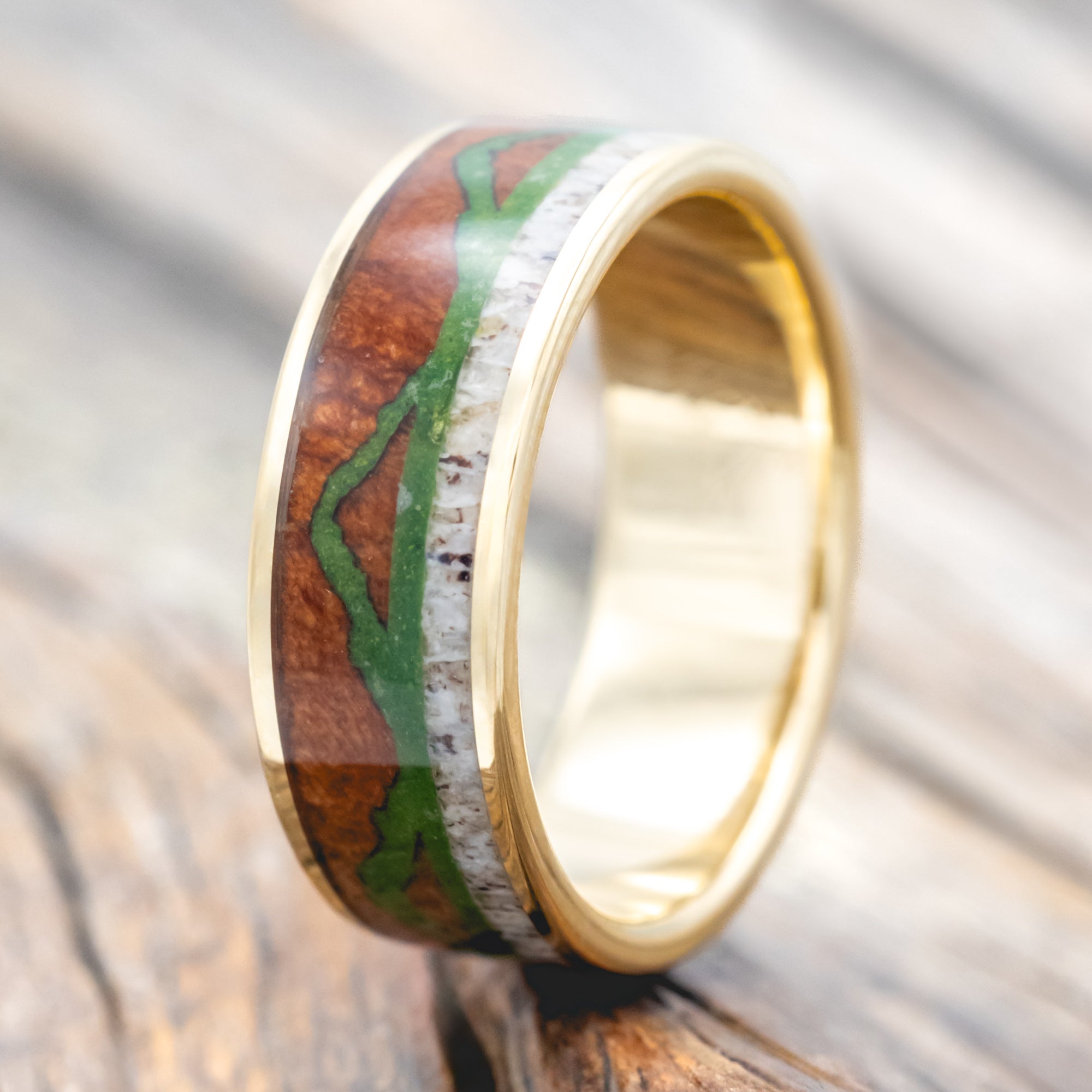 "THE EXPEDITION" - MOUNTAIN ENGRAVED WEDDING RING WITH REDWOOD, MOSS & ANTLER-Staghead Designs