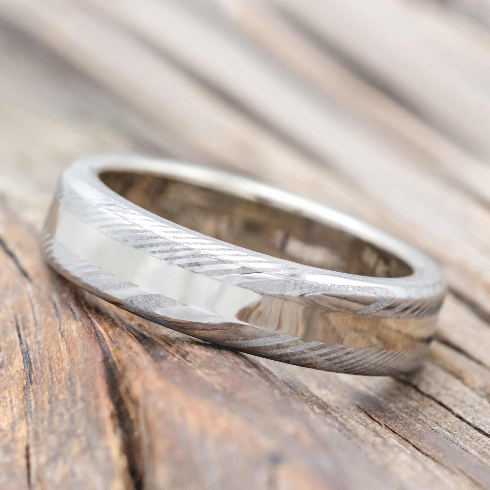 "NIRVANA" - ETCHED DAMASCUS STEEL & 14K GOLD INLAY WEDDING BAND - 14K WHITE GOLD (6MM) - SIZE 10 1/2-Staghead Designs