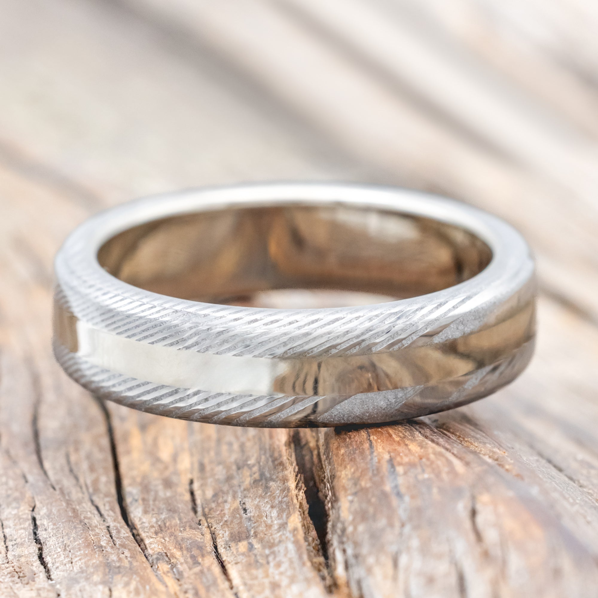 "NIRVANA" - ETCHED DAMASCUS STEEL & 14K GOLD INLAY WEDDING BAND - 14K WHITE GOLD (6MM) - SIZE 10 1/2-Staghead Designs
