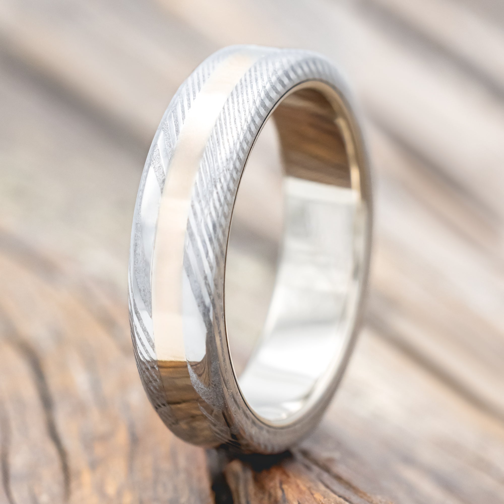 "NIRVANA" - ETCHED DAMASCUS STEEL & 14K GOLD INLAY WEDDING BAND - 14K WHITE GOLD (6MM) - SIZE 10 1/2-Staghead Designs