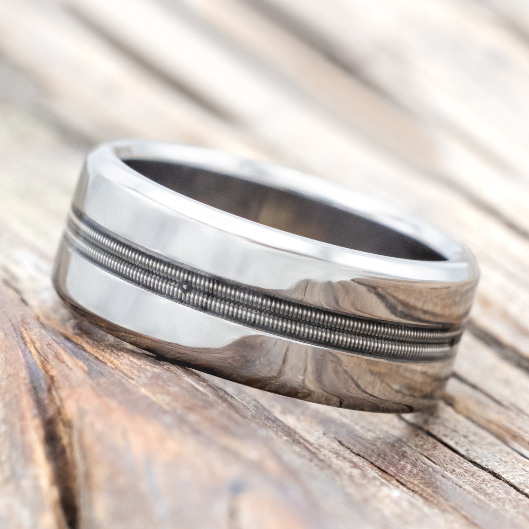 "NIRVANA" - WEDDING BAND WITH GUITAR STRING INLAY - TITANIUM - SIZE 7 1/2-Staghead Designs