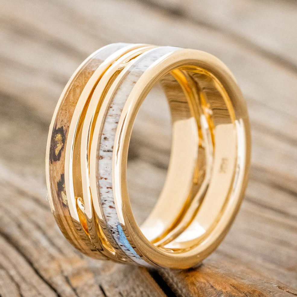 MEN'S "ARTEMIS" - WHISKEY BARREL OAK & ANTLER WEDDING RING FEATURING GOLD NUGGETS & TURQUOISE-1