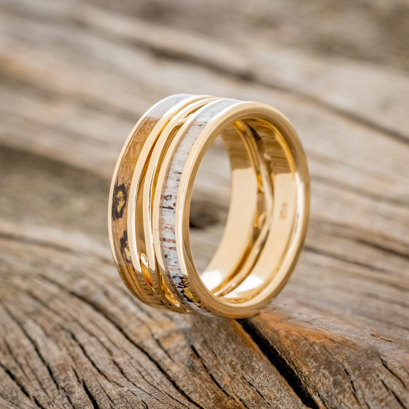 MEN'S "ARTEMIS" - WHISKEY BARREL OAK & ANTLER WEDDING RING FEATURING GOLD NUGGETS-1