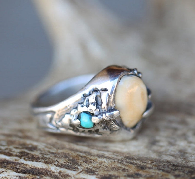 MEN'S CUSTOM HAND-CARVED RING FEATURING TURQUOISE, ARROWHEAD & ELK TOOTH-1