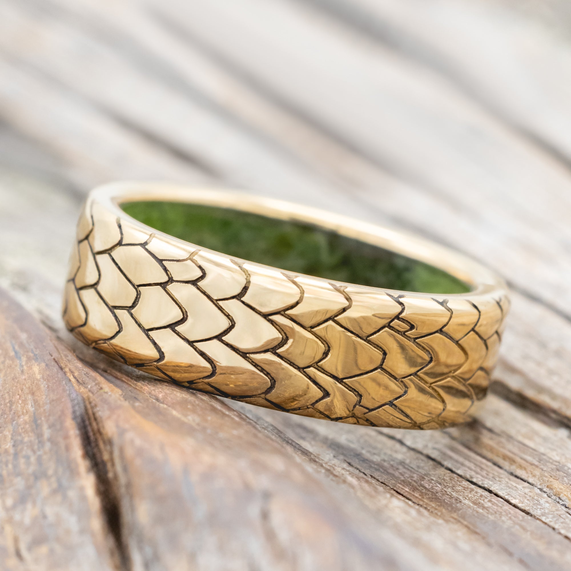 "Echo" - Dragon Scale Wedding Ring Featuring A Moss Lined Band-Staghead Designs