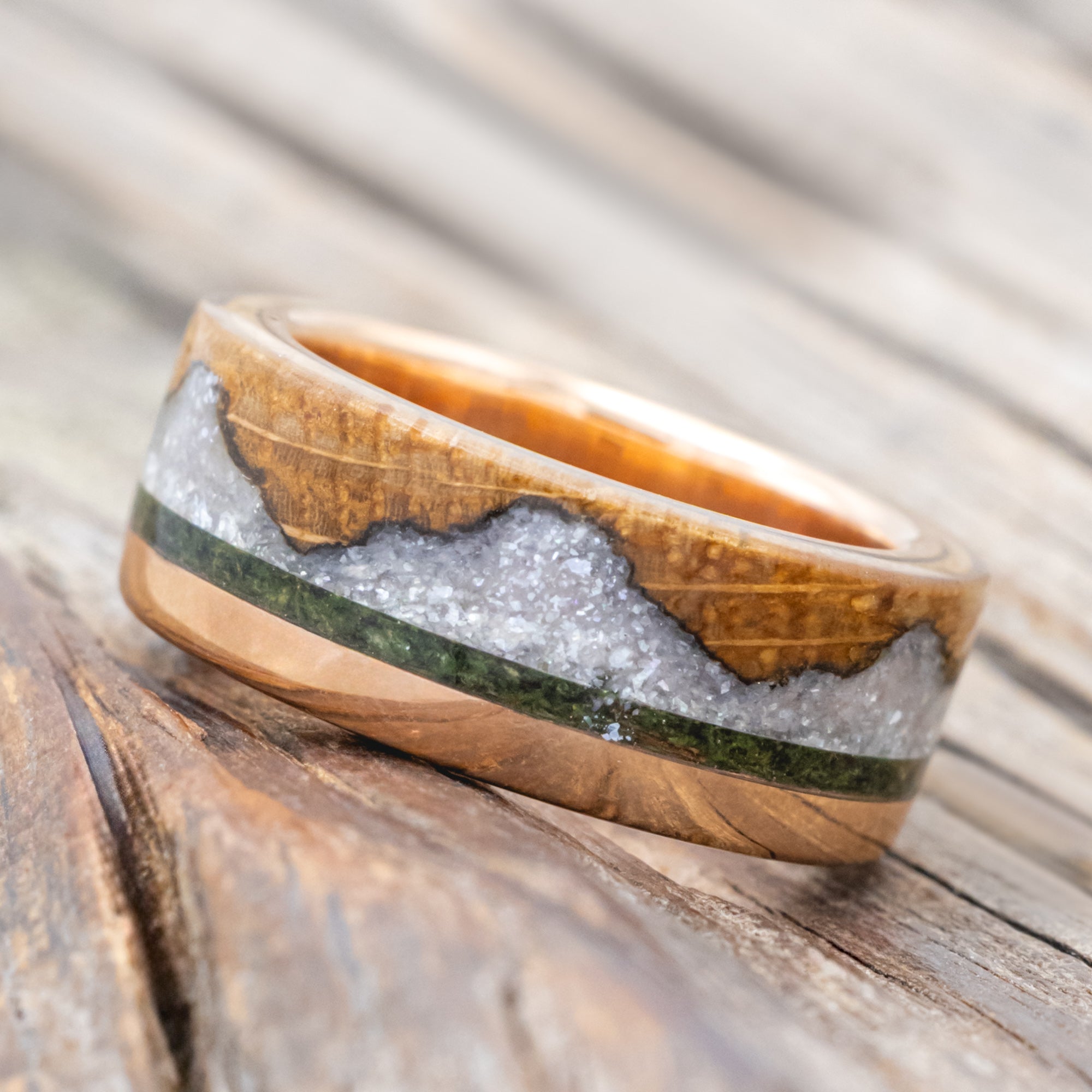 "EZRA" - WHISKEY BARREL OAK WITH DIAMOND DUST & MOSS INLAY WEDDING RING-Staghead Designs