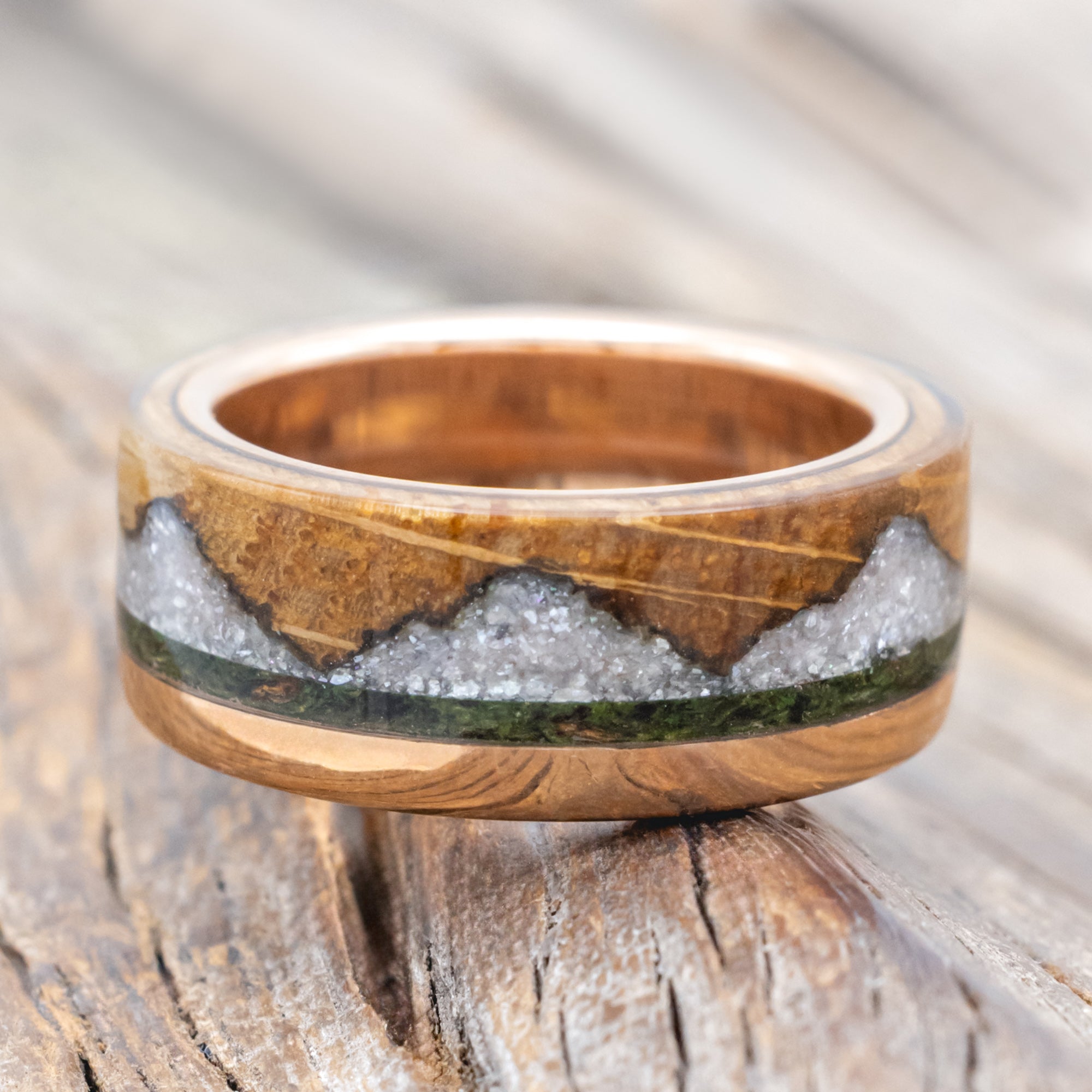 "EZRA" - WHISKEY BARREL OAK WITH DIAMOND DUST & MOSS INLAY WEDDING RING-Staghead Designs