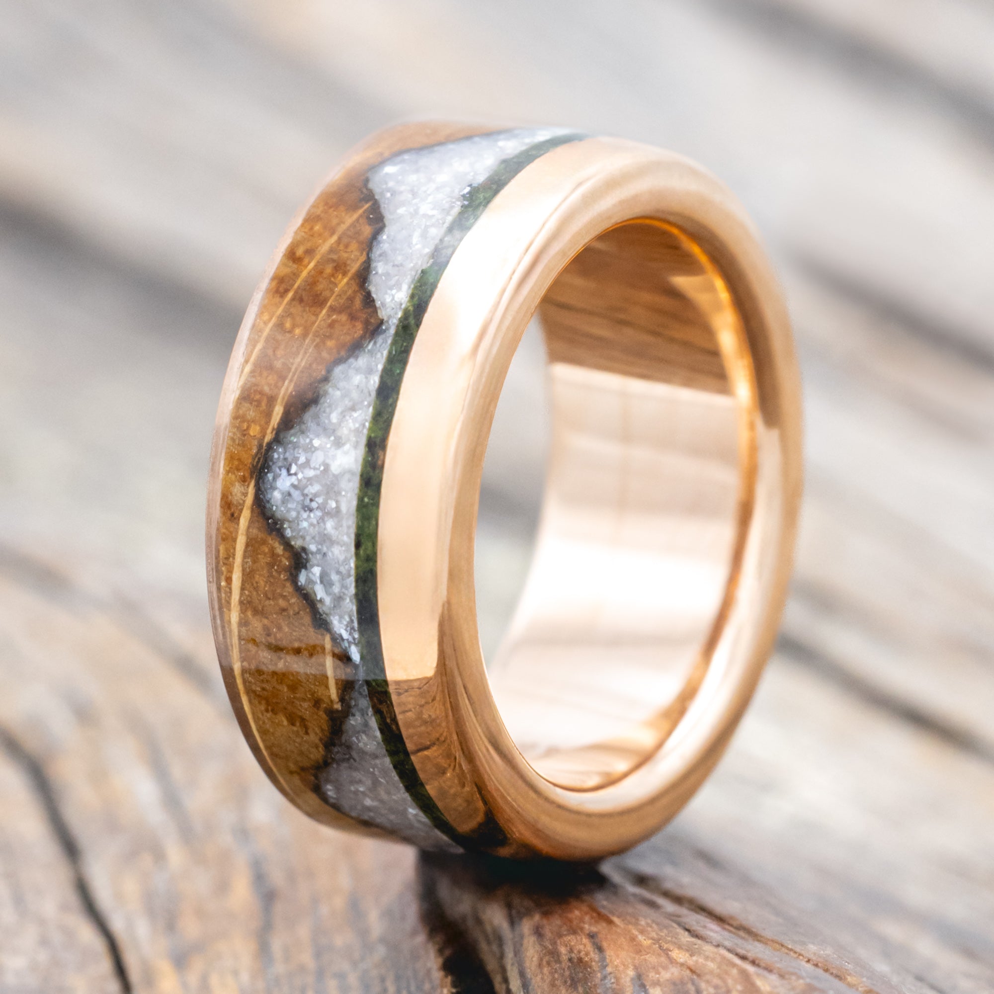 "EZRA" - WHISKEY BARREL OAK WITH DIAMOND DUST & MOSS INLAY WEDDING RING-Staghead Designs