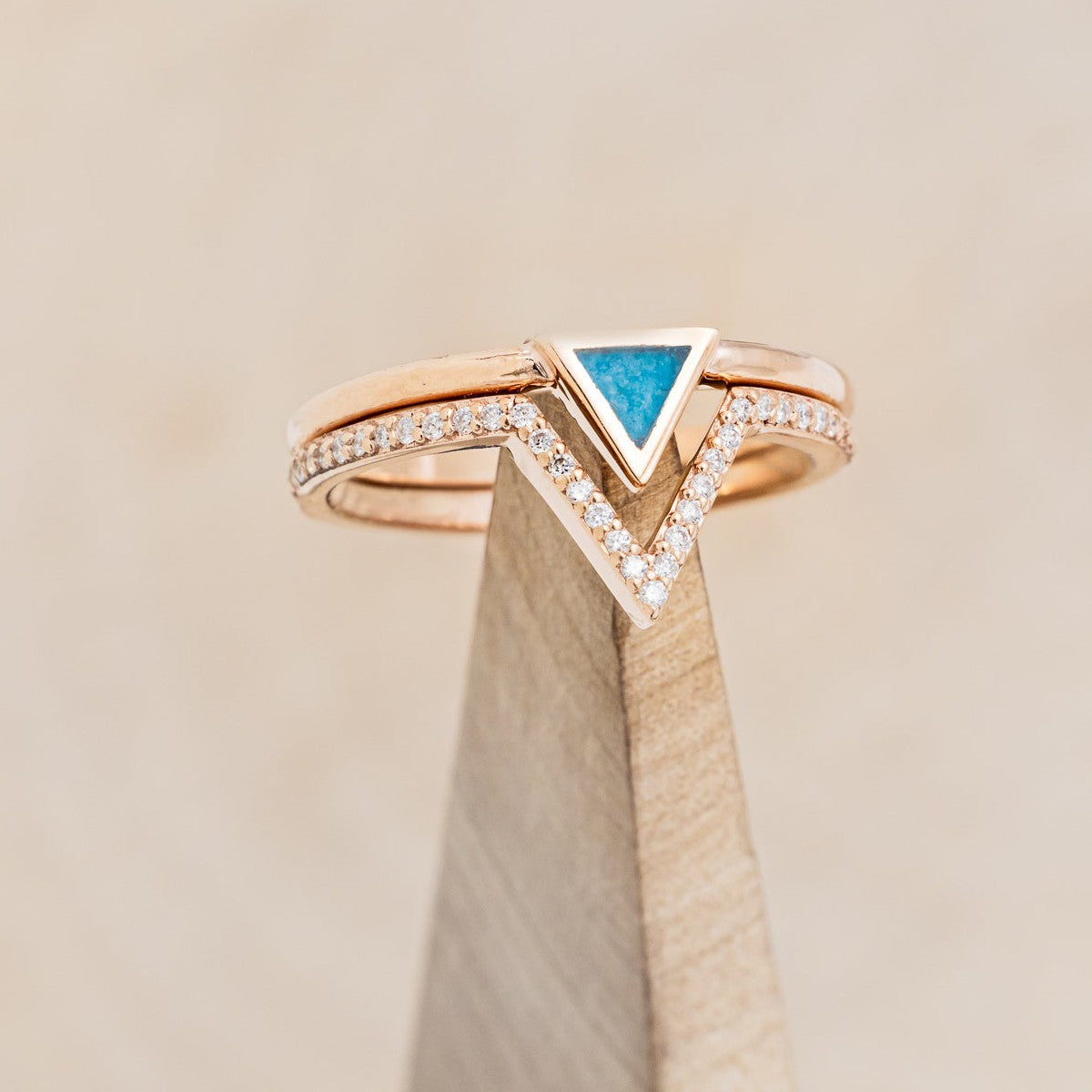 "MERA" - TRIANGLE TURQUOISE ENGAGEMENT RING WITH A DIAMOND V-SHAPED STACKER-1