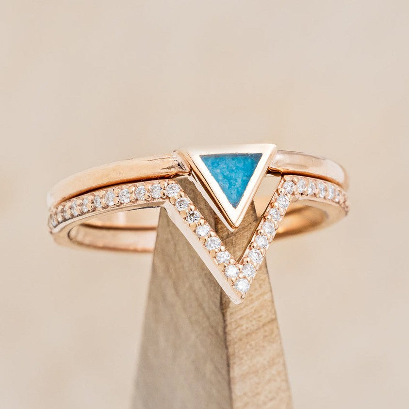 "MERA" - TRIANGLE TURQUOISE ENGAGEMENT RING WITH A DIAMOND V-SHAPED STACKER-1