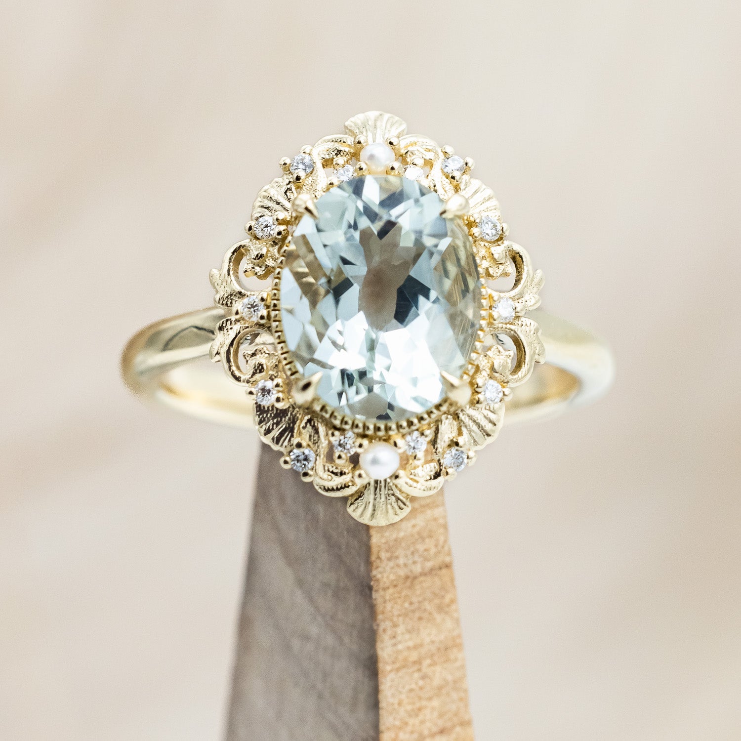 "MERROW" - OVAL GREEN PRASIOLITE ENGAGEMENT RING WITH DIAMOND & PEARL ACCENTS-Staghead Designs