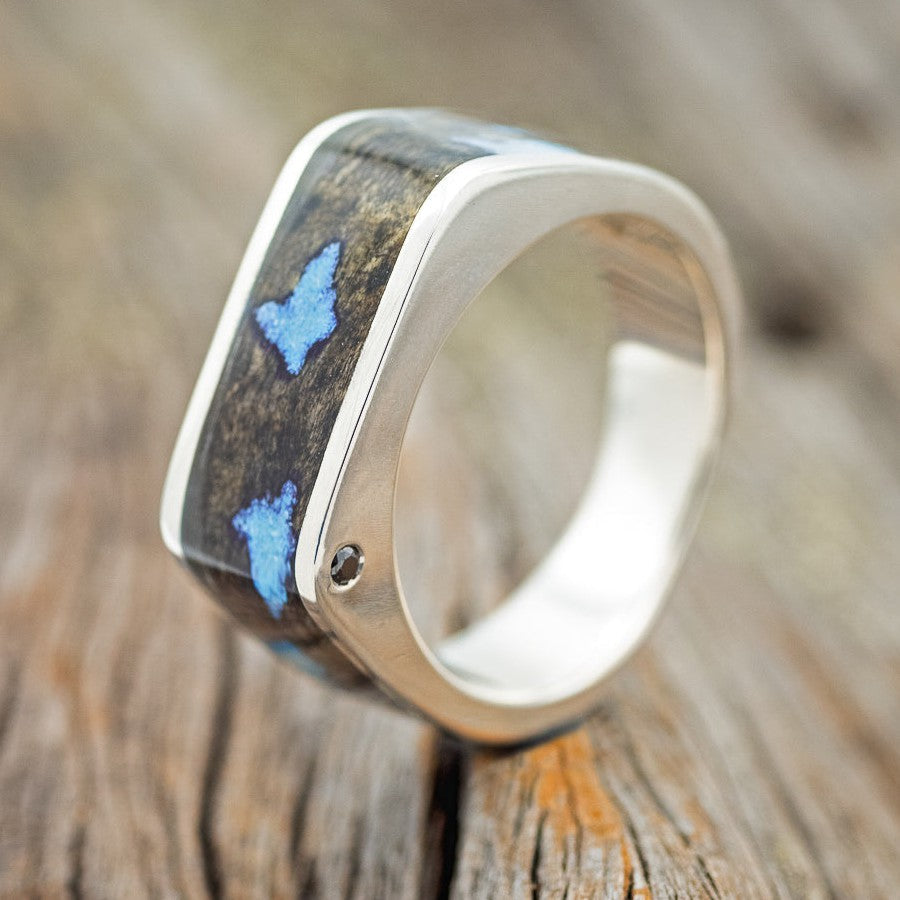 "MESA" - FLAT TOP WEDDING BAND FEATURING BUCKEYE BURL WOOD & TURQUOISE INLAYS WITH SIDE SET BLACK DIAMOND-1