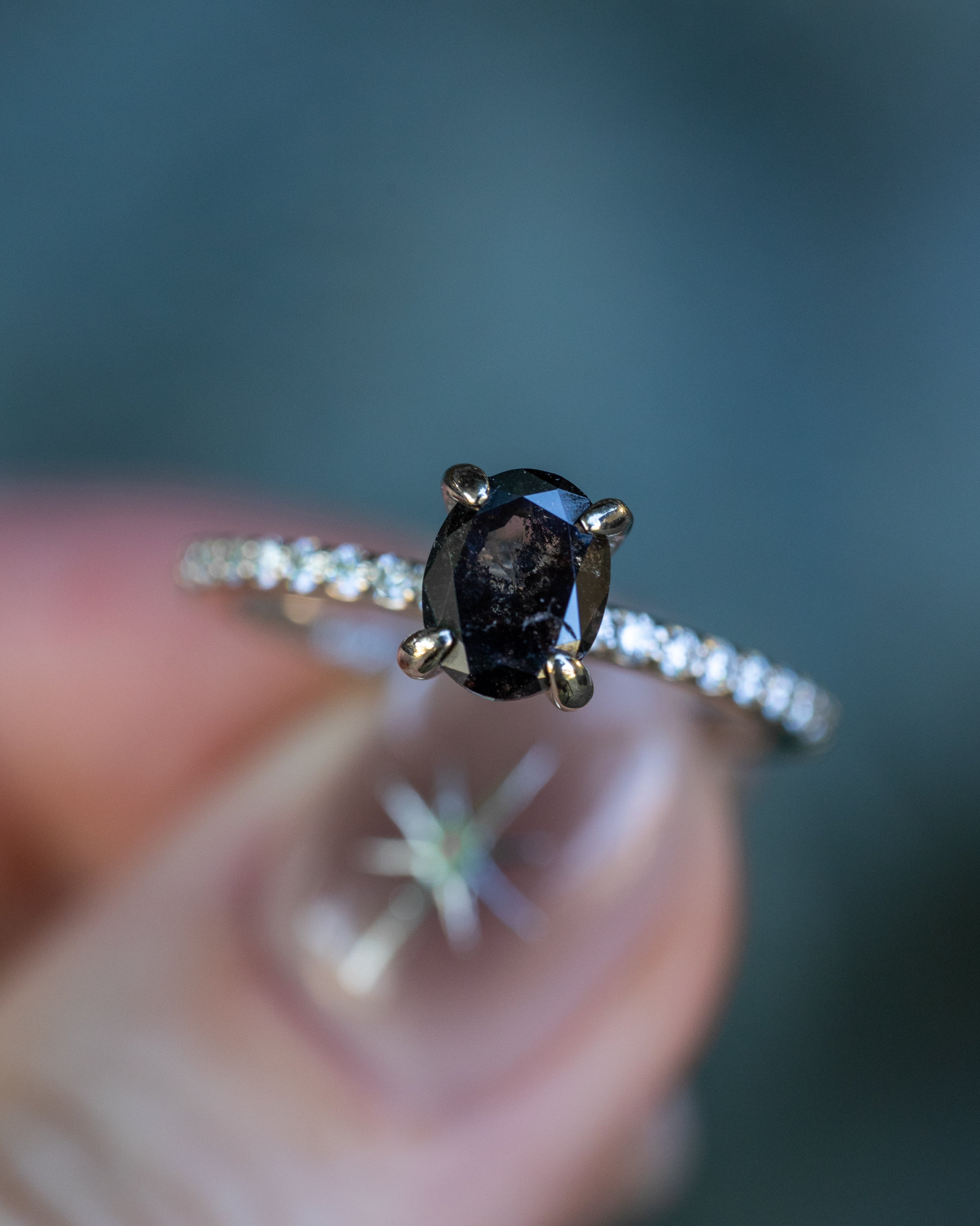 "MON PETIT" - PAVÉ OVAL SALT & PEPPER DIAMOND SOLITAIRE ENGAGEMENT RING- 14K WHITE GOLD - SIZE 5 1/2-Staghead Designs