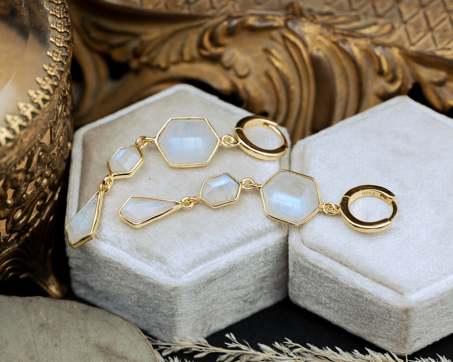 GEO COLLECTION - 18K GOLD VERMEIL TRIPLE DANGLE EARRINGS WITH RAINBOW MOONSTONES - BY JORGE REVILLA-Staghead Designs