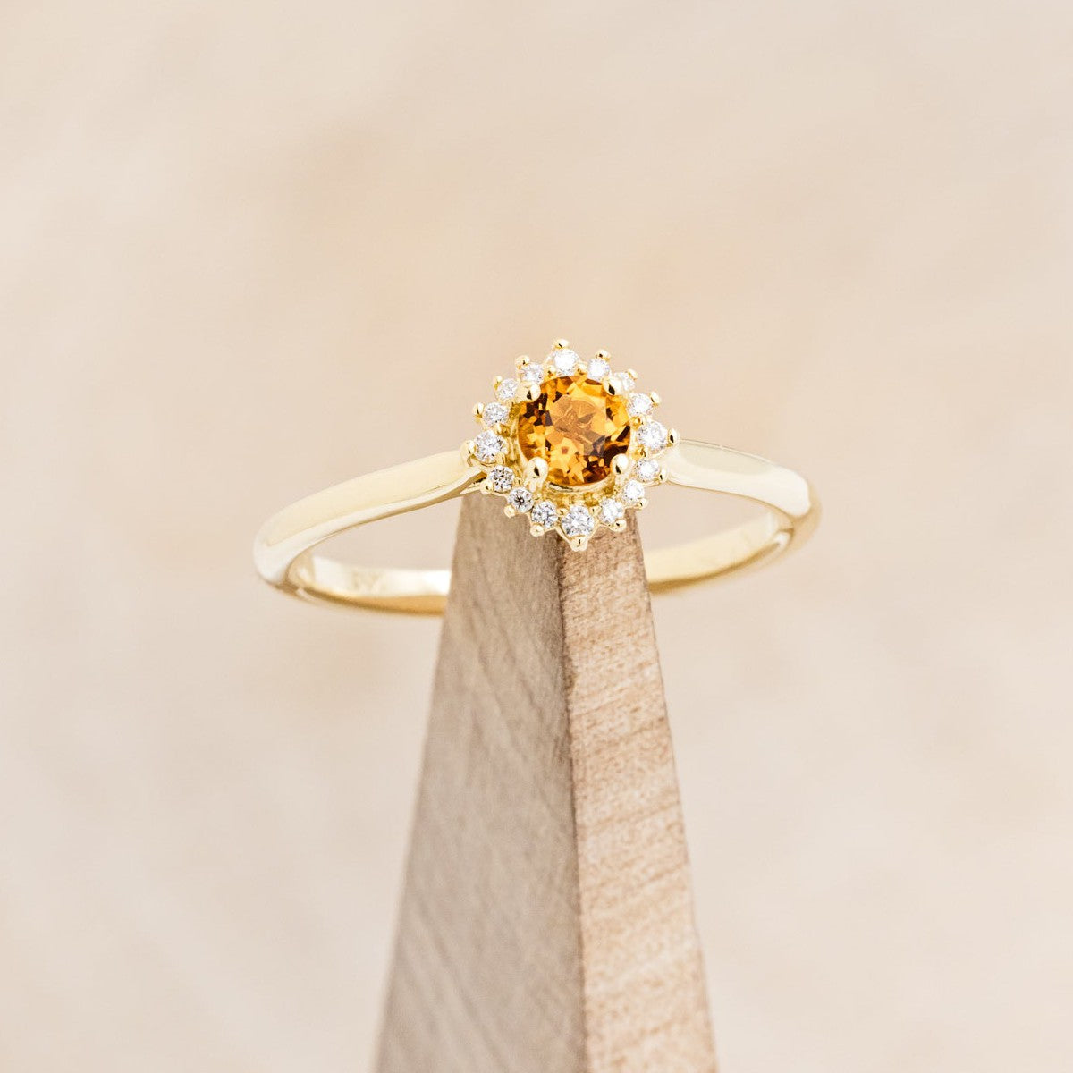 "Myall" - Round Cut Citrine Dainty Engagement Ring With Diamond Halos - 14K Yellow Gold - Size 6
