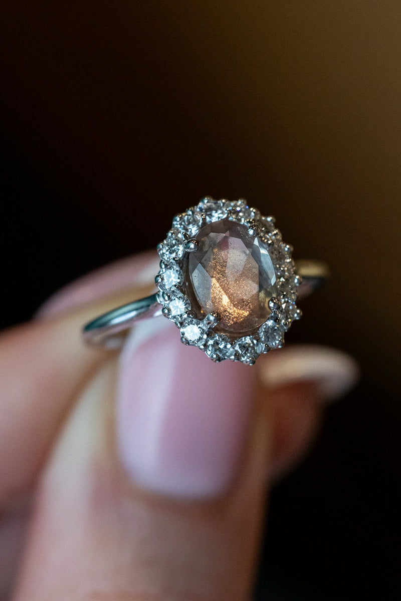 "MALINA" - OVAL OREGON SUNSTONE ENGAGEMENT RING WITH DIAMOND HALO-10